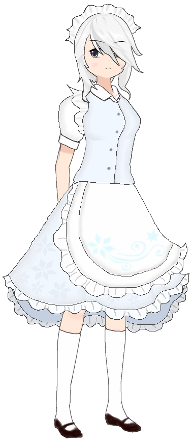 1girl, black_footwear, blue_clothes, caraprincess, grey_eyes, hair_covering_one_eye, hands_behind_back, maid, maid_dress, maid_headdress, mary_janes, original_character, snowflake_print, touhou, white_hair, white_socks