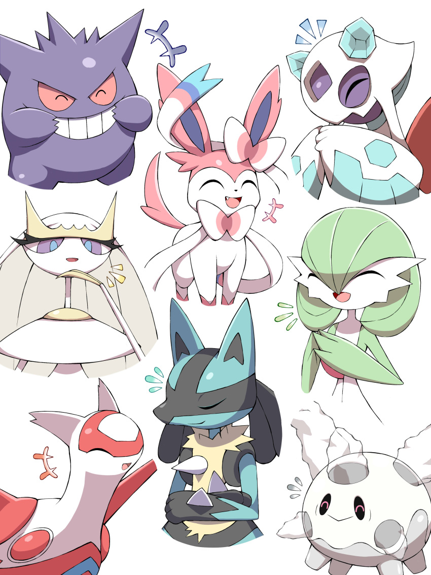 +++, :>, absurdres, closed_eyes, closed_mouth, commentary, eyelashes, fang, froslass, furry, galarian_corsola, galarian_form, gardevoir, gen_1_pokemon, gen_3_pokemon, gen_4_pokemon, gen_6_pokemon, gen_7_pokemon, gen_8_pokemon, gengar, grin, hand_up, hands_together, highres, latias, laughing, legendary_pokemon, lucario, open_mouth, pheromosa, pokemon, shabana_may, smile, spikes, steepled_fingers, sylveon, teeth, tongue, ultra_beast, white_background, yellow_fur