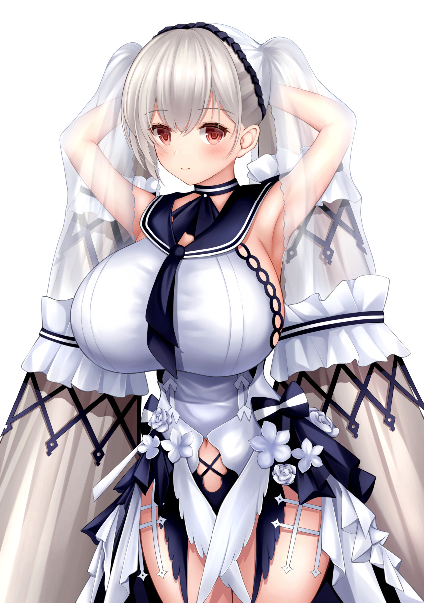 1girl, absurdly_long_hair, absurdres, armpits, arms_behind_head, azur_lane, black_choker, black_neckwear