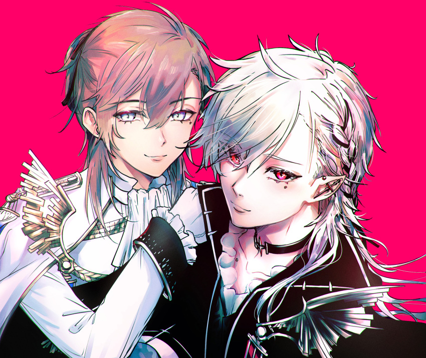 2boys, black_hair, black_jacket, blue_eyes, braid, capelet, ear_piercing, hair_behind_ear, highres, jacket, kanae_(nijisanji), kurabeans, kuzuha_(nijisanji), looking_at_viewer, male_focus, mole, mole_under_eye, multicolored_hair, multiple_boys, nijisanji, piercing, pointy_ears, portrait, red_background, red_eyes, smile, streaked_hair, victorian, virtual_youtuber, white_capelet, white_hair, white_jacket