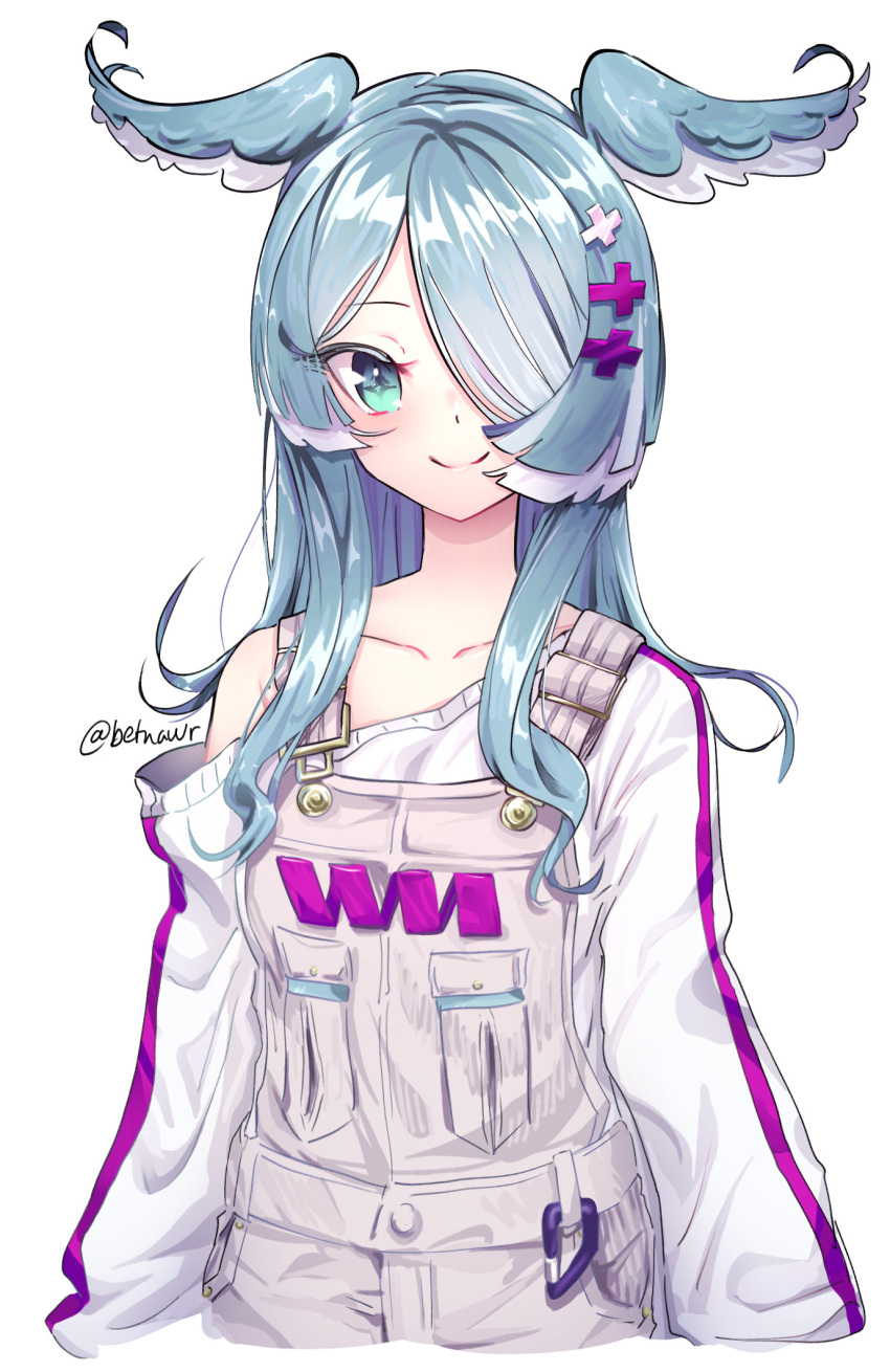 1girl, blue_eyes, blush, breasts, collarbone, elira_pendora, grey_overalls, hair_over_one_eye, head_wings, highres, kurabeans, looking_at_viewer, medium_breasts, nijisanji, nijisanji_en, off_shoulder, one_eye_covered, overalls, smile, solo, sweater, upper_body, virtual_youtuber, white_background, white_sweater