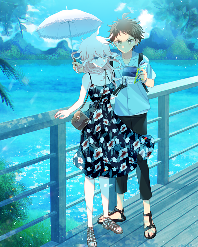 1boy, 1girl, :o, bangs, black_dress, black_hair, black_pants, blue_shirt, brown_eyes, brown_hair, capri_pants, collarbone, commentary_request, couple, dangan_ronpa_(series), dangan_ronpa_2:_goodbye_despair, day, dress, eyebrows_visible_through_hair, floral_print, foreshortening, full_body, genderswap, genderswap_(mtf), green_eyes, grey_hair, hinata_hajime, holding, holding_umbrella, keroro7, komaeda_nagito, long_hair, mechanical_arms, mountainous_horizon, ocean, outdoors, pants, sandals, shared_umbrella, shirt, short_hair, single_mechanical_arm, standing, umbrella, water
