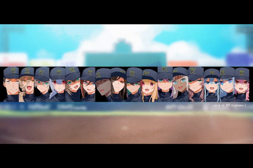 6+boys, 6+girls, asuka_hina, ban_hada, baseball_cap, baseball_uniform, black_headwear, blonde_hair