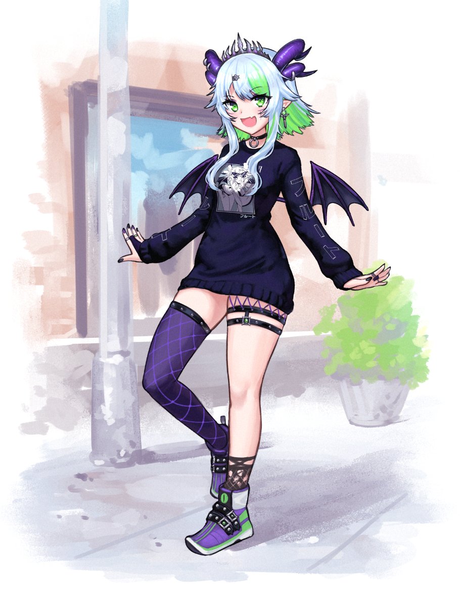 1girl, bangs, blue_hair, bsapricot_(vtuber), commission, demon_wings, eyebrows_visible_through_hair, fang, green_eyes, hexunart, horn_piercing, horns, looking_at_viewer, mini_wings, multicolored_hair, multiple_horns, open_mouth, pointy_ears, purple_horns, single_thighhigh, skin_fang, solo, sword_earrings, thigh-highs, tiara, virtual_youtuber, vshojo, wings