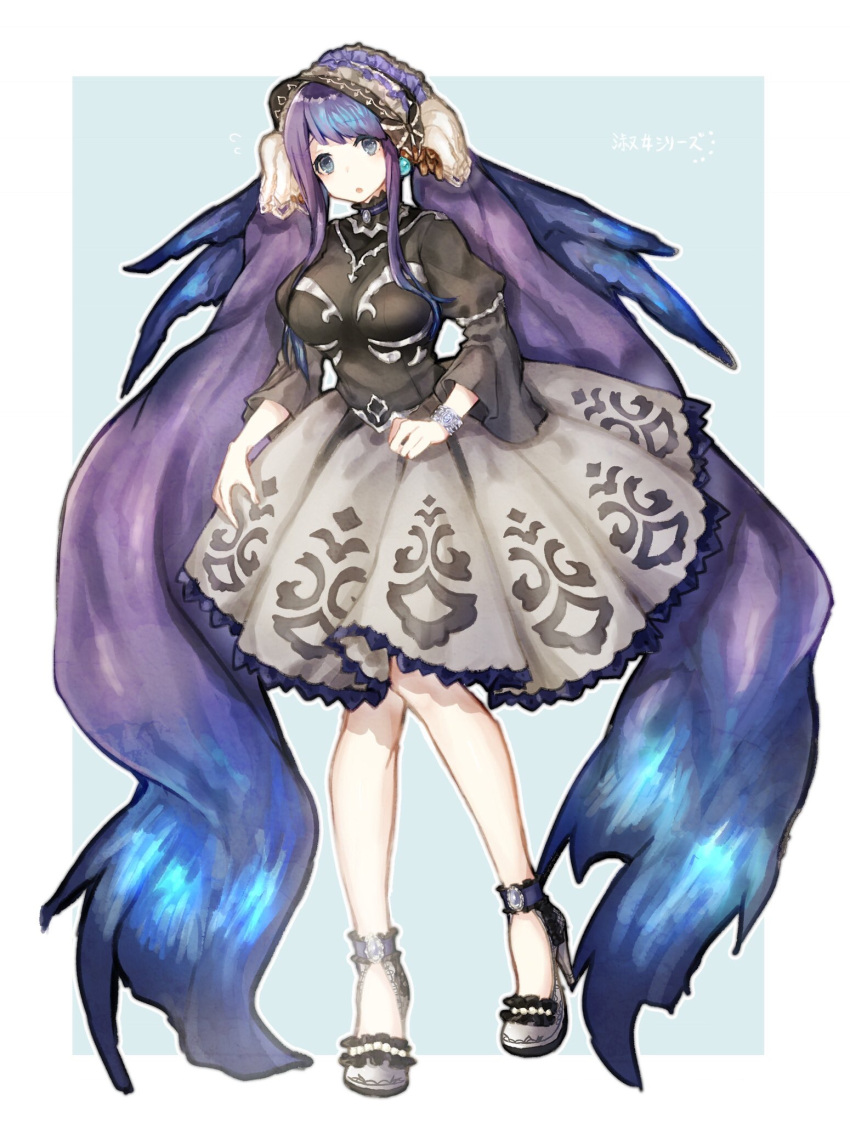 1225ka, 1girl, :o, bangs, black_dress, blue_background, blue_eyes, blue_hair