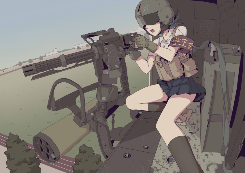 1girl, ammunition_belt, armband, etmc1992, gatling_gun, gun, helicopter_interior, helmet