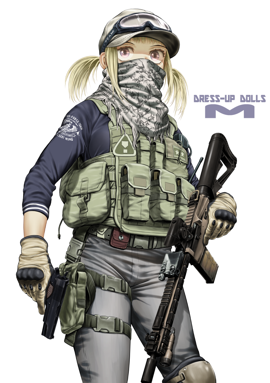 1girl, assault_rifle, bulletproof_vest, desert, dual_wielding, gloves, gun, handgun