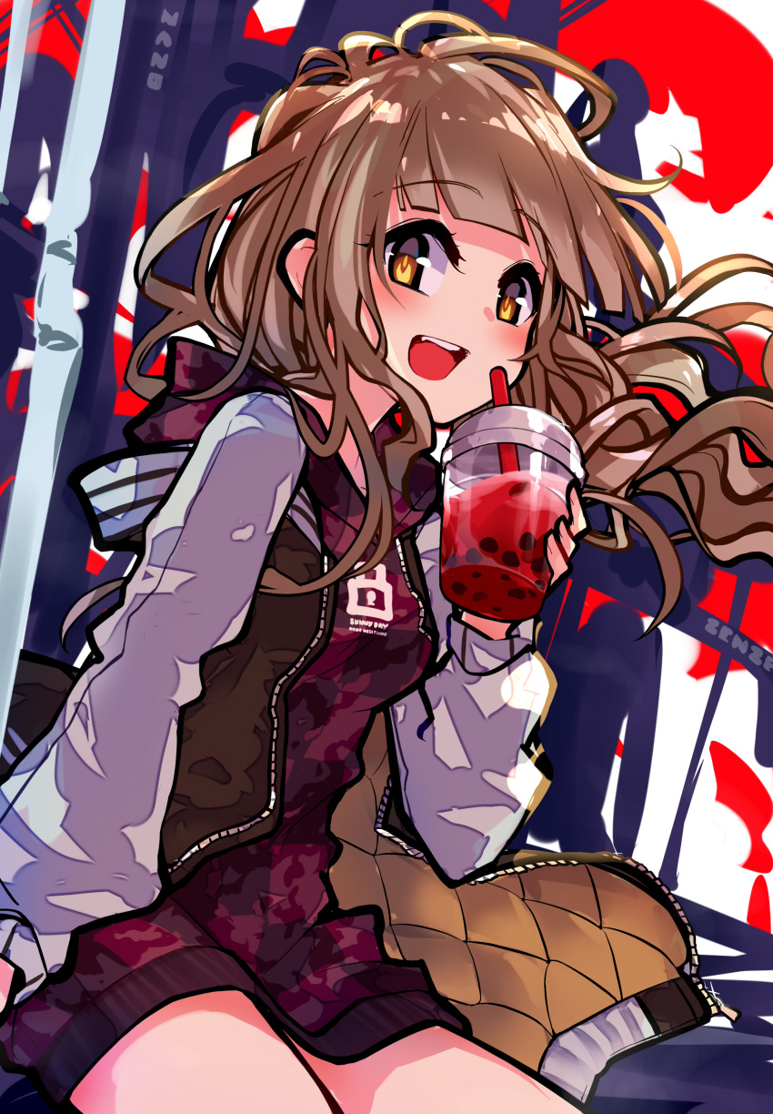 1girl, :d, absurdres, blonde_hair, drinking_straw, highres, holding, hood