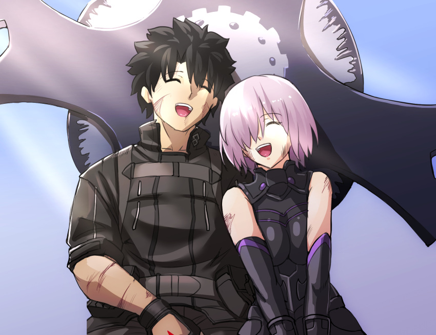 1boy, 1girl, armor, bare_shoulders, black_armor, black_gloves, black_hair, black_shirt