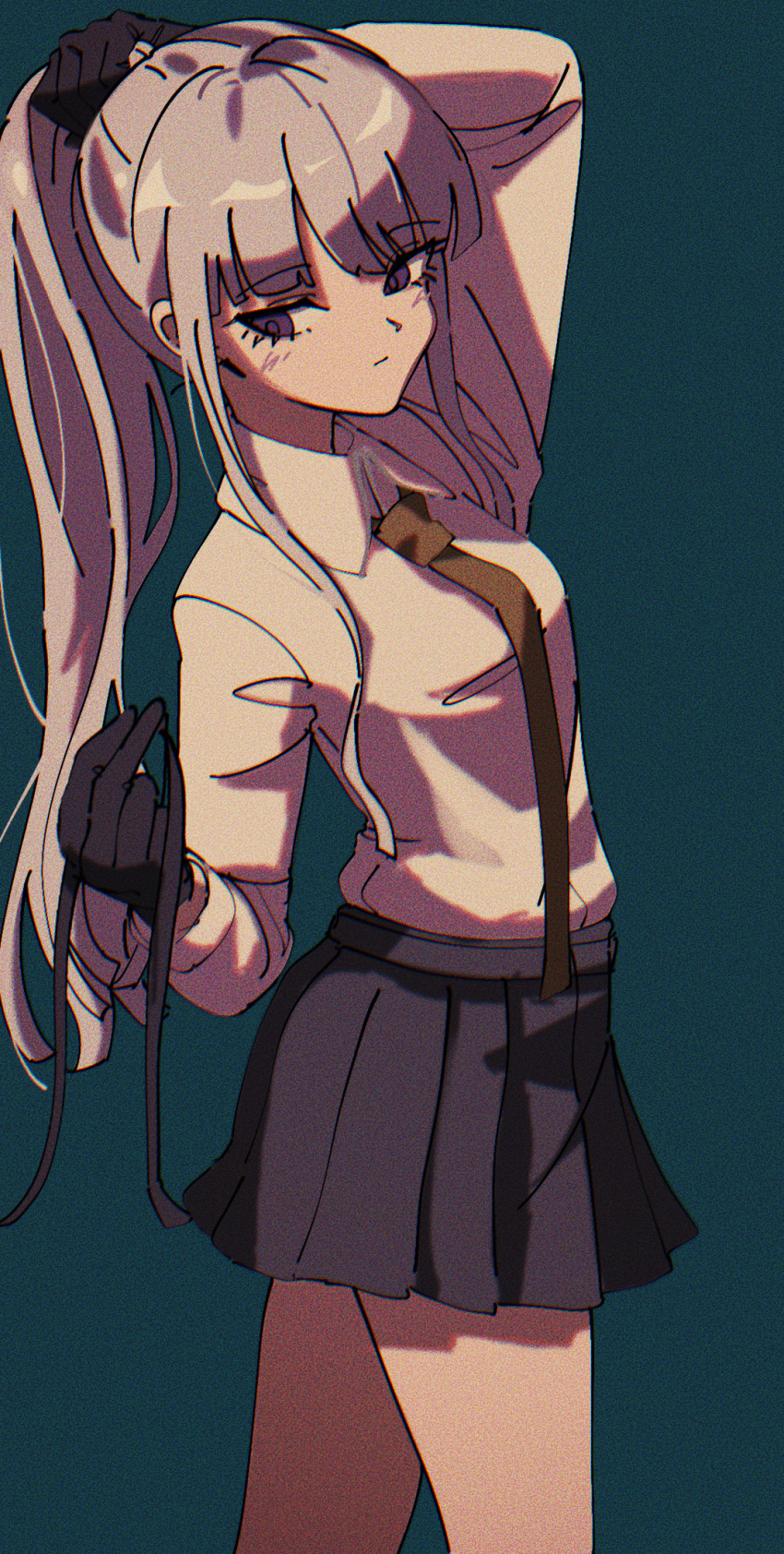 1girl, arm_up, bangs, black_gloves, black_skirt, blush, braid, brown_neckwear