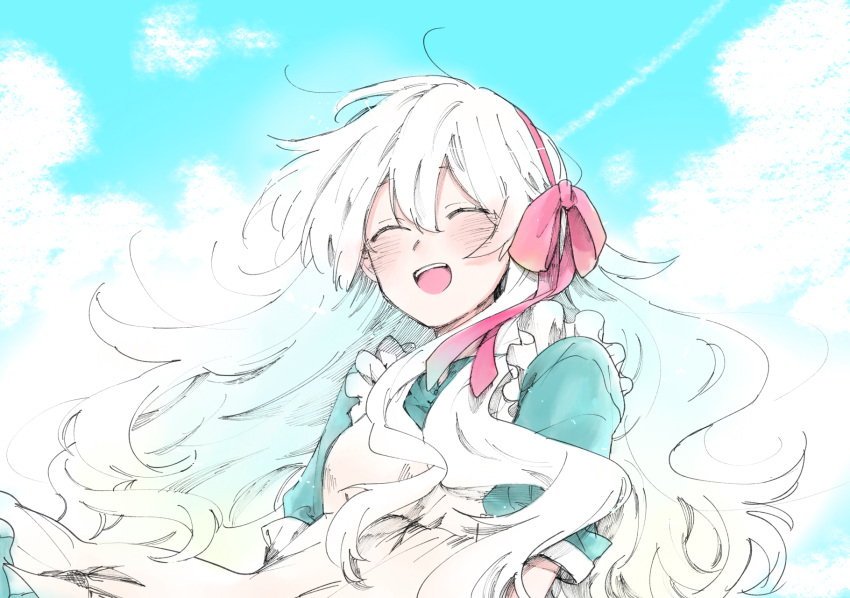 1girl, :d, ^_^, apron, bangs, blue_dress, blue_sky, bow, closed_eyes, clouds, dress, facing_viewer, hair_bow, hairband, highres, kagerou_project, kozakura_marry, long_hair, maguro_(user_wkzy3374), open_mouth, pink_bow, pink_hairband, short_sleeves, sky, smile, solo, upper_body, very_long_hair, wavy_hair, white_apron, white_hair