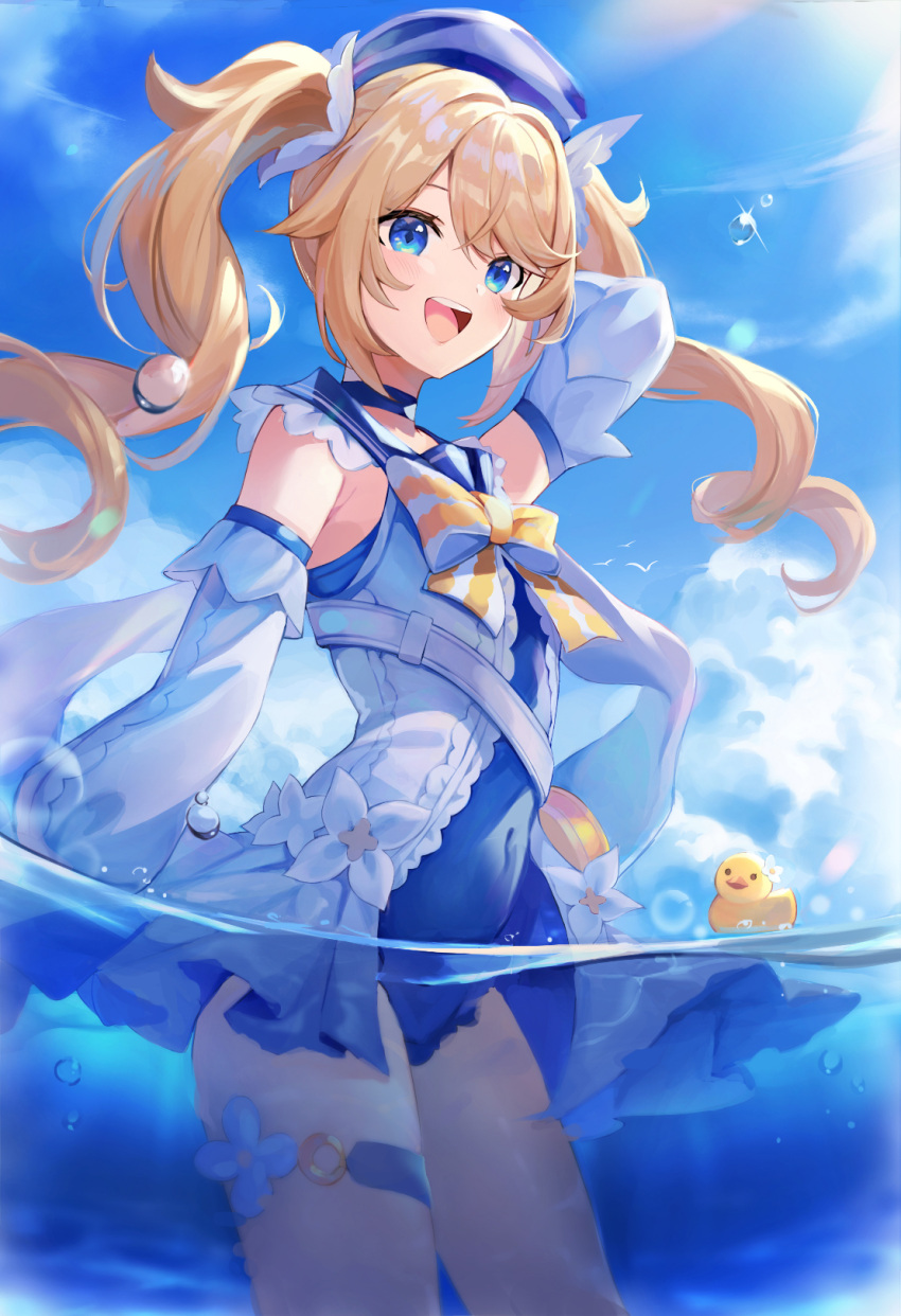 1girl, :d, arm_up, bangs, barbara_(genshin_impact), barbara_(summertime_sparkle)_(genshin_impact), bare_shoulders, beach