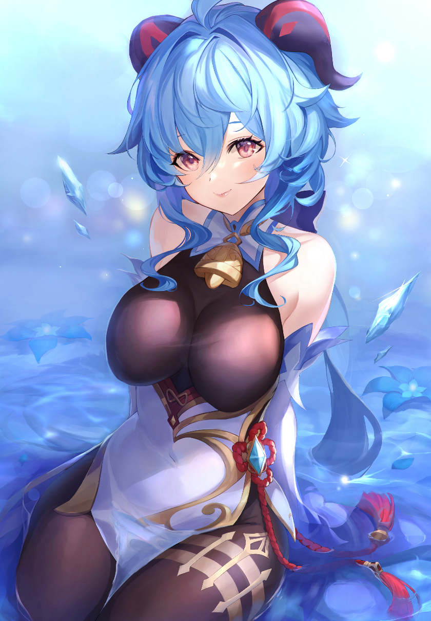 1girl, bare_shoulders, bell, black_bodysuit, blush, bodysuit, breasts, cowbell