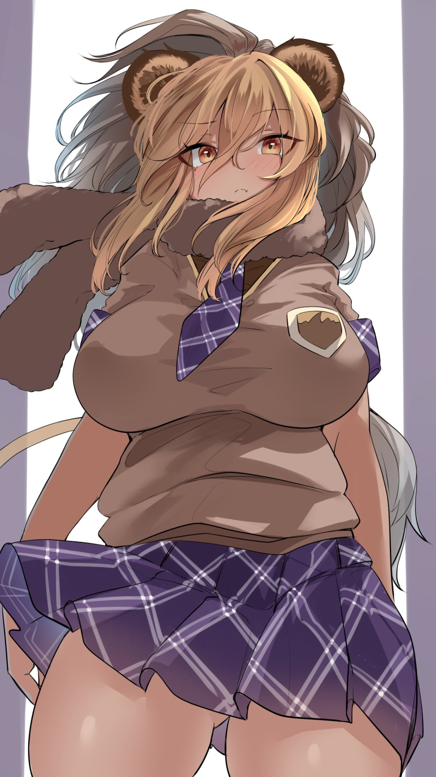 1girl, absurdres, animal_ears, barbary_lion_(kemono_friends), blonde_hair, blush, brown_fur, brown_hair