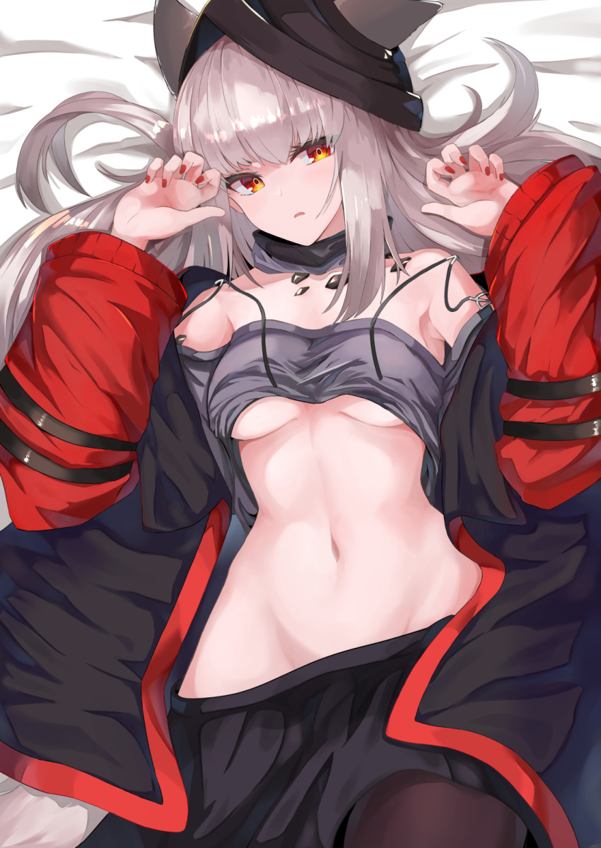 1girl, akasabi, animal_ears, arknights, bangs, bare_shoulders, bed_sheet, black_headwear, black_skirt, breasts, commentary_request, cowboy_shot, ears_through_headwear, fox_ears, frostleaf_(arknights), grey_shirt, hands_up, highres, jacket, long_hair, long_sleeves, looking_at_viewer, lying, medium_breasts, midriff, miniskirt, nail_polish, navel, off-shoulder_shirt, off_shoulder, on_back, oripathy_lesion_(arknights), parted_lips, red_jacket, red_nails, shirt, silver_hair, skirt, solo, stomach, under_boob, yellow_eyes