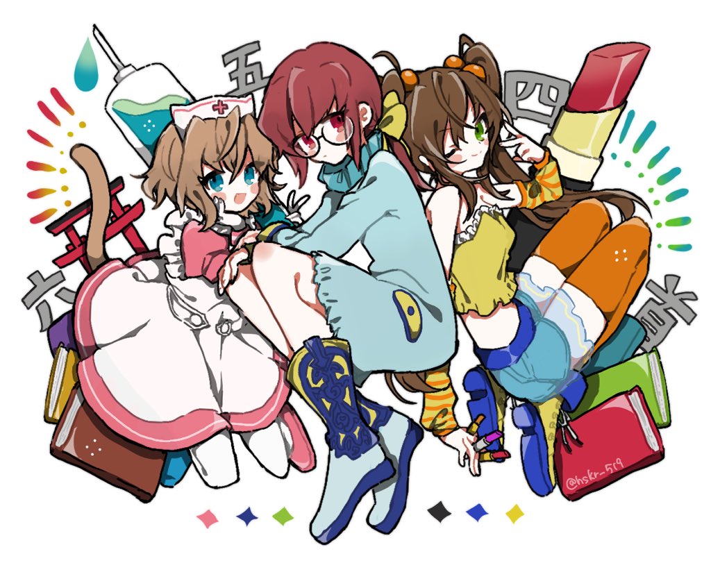 3girls, corona_(knm), kannazuki_no_miko, multiple_girls, nekoko_(knm), oota_reiko