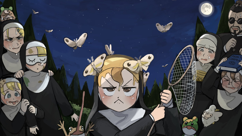 >_<, 1boy, 6+girls, :<, @_@, animal, animal_on_back, animal_on_head