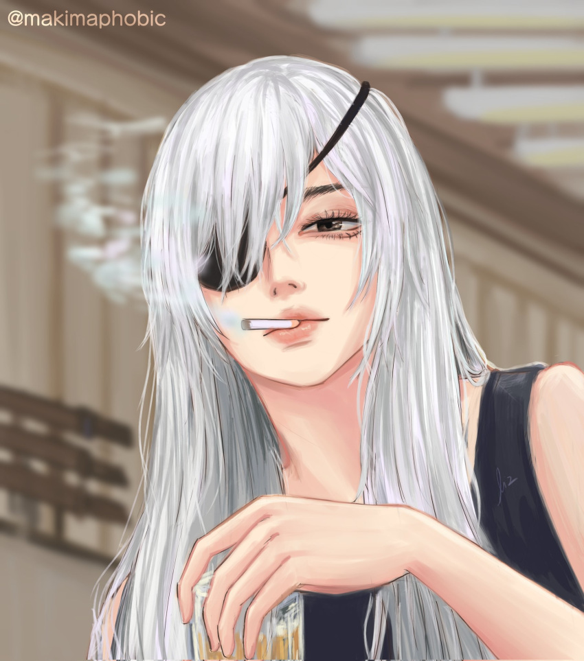 1girl, alcohol, alternate_hairstyle, black_eyepatch, black_eyes, chainsaw_man, cigarette, cup, expressionless, eyepatch, hair_over_one_eye, highres, holding, holding_cup, long_hair, looking_at_viewer, makimaphobic, quanxi_(chainsaw_man), shirt, sleeveless, sleeveless_shirt, smoking, solo, white_hair