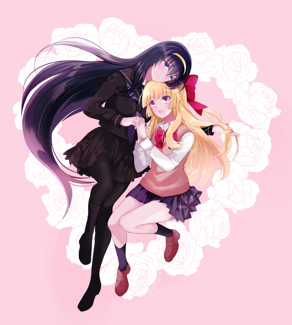 2girls, :d, black_footwear, black_hair, black_legwear, black_sailor_collar, black_serafuku, black_skirt