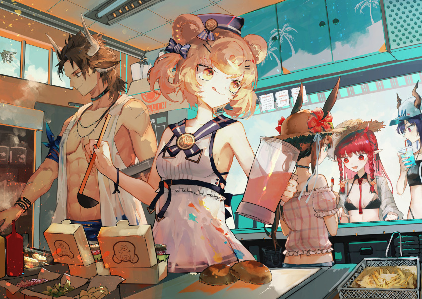 1boy, 4girls, abs, absurdres, amiya_(arknights), animal_ears, arknights, arm_ribbon