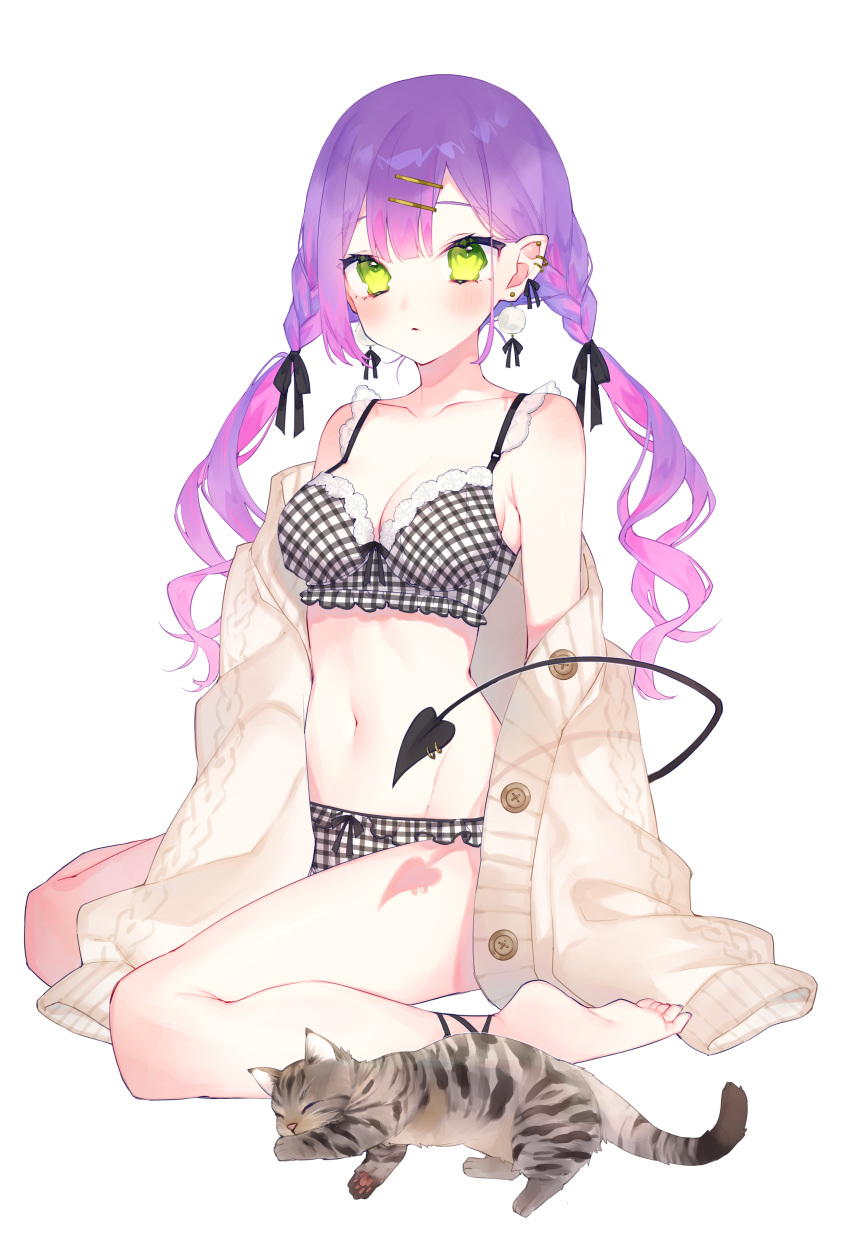 1girl, :o, absurdres, ankle_strap, bangs, barefoot, beige_cardigan, black_bow