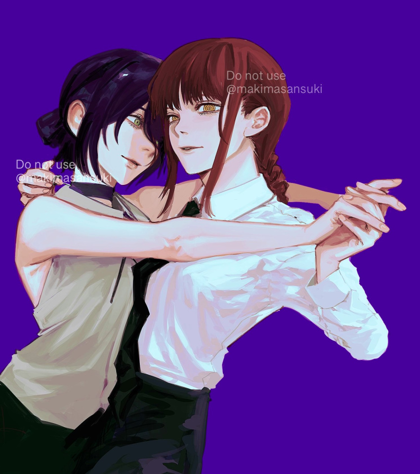 1997, 2girls, arms_around_neck, black_choker, black_hair, black_neckwear, black_pants, black_shorts, blue_background, braid, braided_ponytail, breasts, brown_hair, business_suit, chainsaw_man, choker, collared_shirt, couple, formal, green_eyes, grenade_pin, hair_bun, highres, holding_hands, light_smile, long_hair, looking_at_another, looking_at_viewer, makima_(chainsaw_man), makimasansuki, medium_breasts, medium_hair, multiple_girls, necktie, office_lady, pants, reze_(chainsaw_man), ringed_eyes, shirt, shirt_tucked_in, shorts, sleeveless, sleeveless_shirt, small_breasts, smile, suit, white_shirt, yellow_eyes, yuri