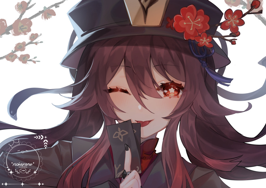1girl, ;p, absurdres, althea_jade, bangs, black_hair, black_nails, brown_hair
