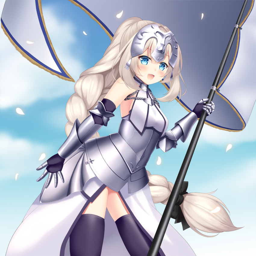 1girl, alternate_hairstyle, armor, armored_dress, blue_eyes, braid, breasts, cosplay, fate/grand_order, fate_(series), faulds, gauntlets, headpiece, highres, jeanne_d'arc_(fate), jeanne_d'arc_(fate)_(all), jeanne_d'arc_(fate)_(cosplay), long_braid, long_hair, marie_antoinette_(fate), plackart, silver_hair, single_braid, small_breasts, solo, standard_bearer, thigh-highs, very_long_hair, yuto_sepiacolor
