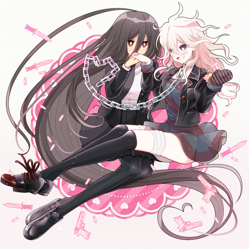 2girls, :d, bandaged_leg, bandages, bangs, black_footwear, black_jacket, black_legwear