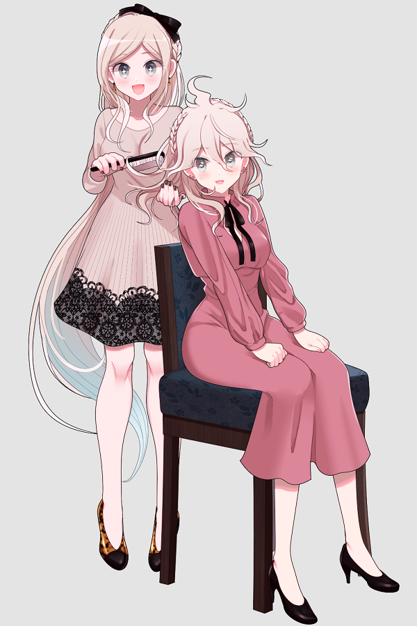 2girls, :d, alternate_costume, bangs, black_bow, black_footwear, black_ribbon, blue_eyes