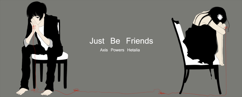 alternate_costume, axis_powers_hetalia, bare_shoulders, barefoot, chair, chrysanthemum, couple, flat_color, flower, folded_hands, hair_flower, hair_ornament, hair_over_face, j88818541, japan_(hetalia), leg_hug, monochrome, red_string, simple_background, sitting, taiwan_(hetalia)