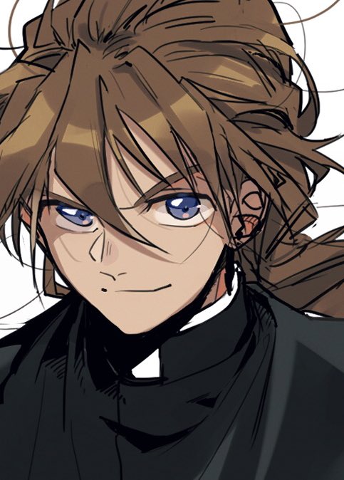 1boy, bangs, black_shirt, brown_hair, collared_shirt, duo_maxwell, eyebrows_visible_through_hair, face, gundam, gundam_wing, hair_between_eyes, long_hair, looking_at_viewer, male_focus, portrait, shirt, smile, solo, tandem, violet_eyes, white_background