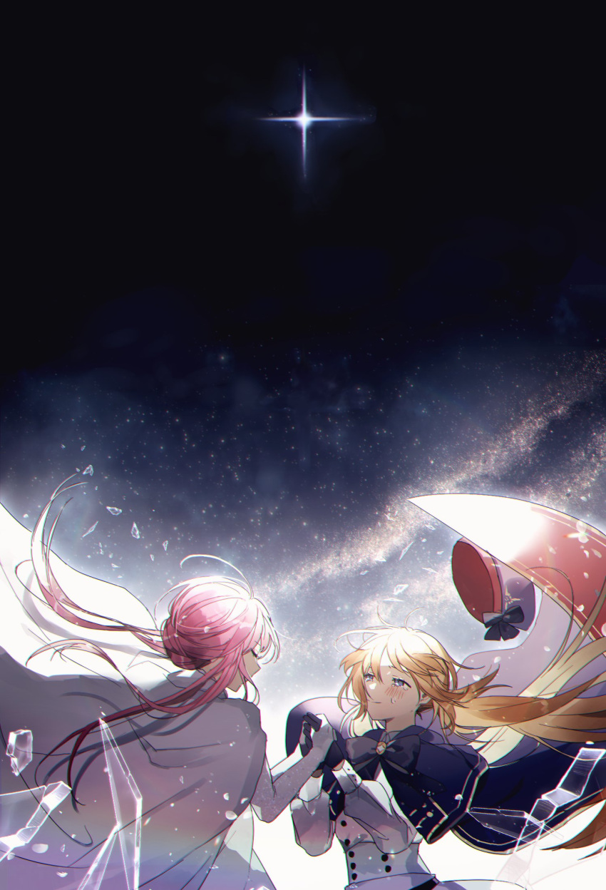 2girls, artoria_pendragon_(caster)_(fate), artoria_pendragon_(fate), black_bow, black_gloves, black_neckwear, blonde_hair, blue_cape