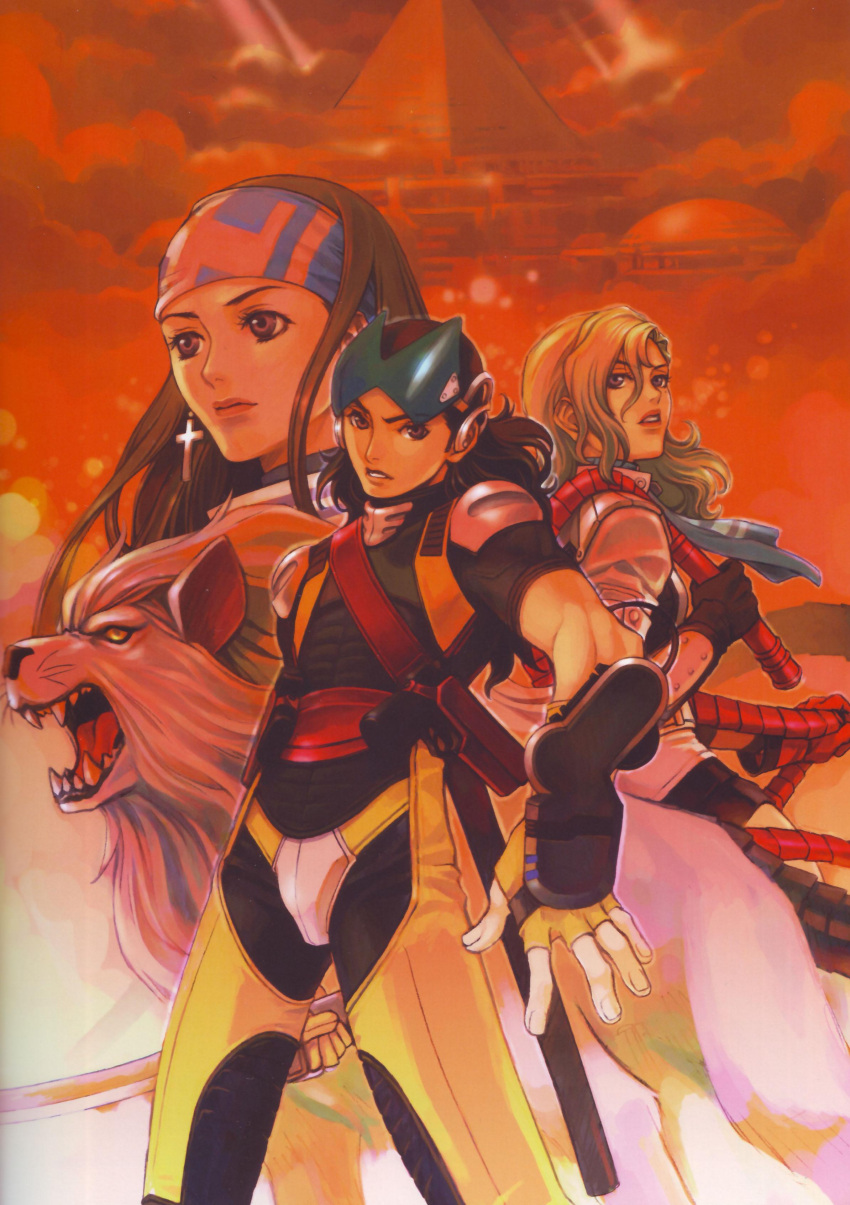 1boy, 2girls, absurdres, aleph, armor, beth_(shin_megami_tensei_ii), black_hair, blonde_hair