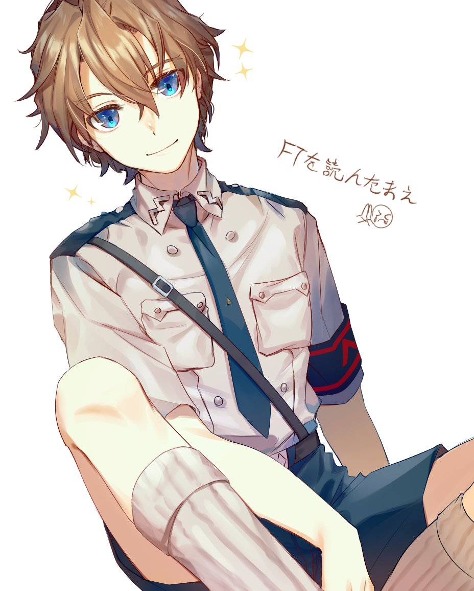1boy, armband, blue_eyes, blue_neckwear, blue_shorts, brown_hair, cowboy_shot, gundam