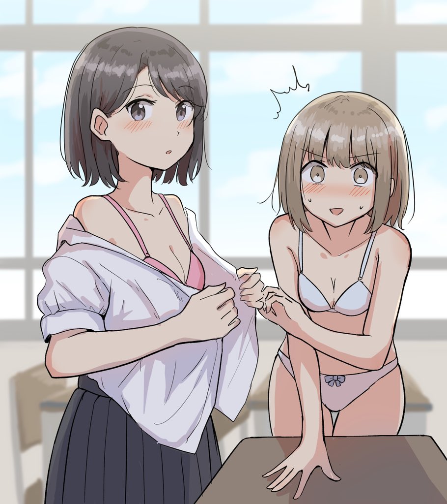 2girls, betock, blonde_hair, blush, bow, bow_panties, bra, brown_eyes