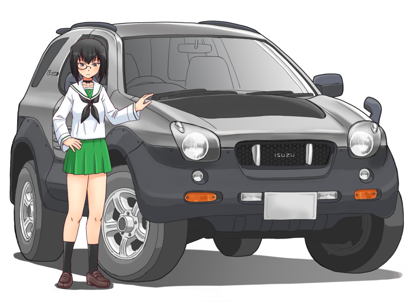 1girl, bangs, black-framed_eyewear, black_choker, black_eyes, black_hair, black_legwear, black_neckwear, blouse, bob_cut, bow_choker, brown_footwear, car, choker, closed_mouth, commentary, girls_und_panzer, green_skirt, ground_vehicle, hand_on_hip, isuzu_motors, isuzu_vehicross, kawashima_momo, light_frown, loafers, logo, long_sleeves, looking_at_viewer, miniskirt, monocle, motor_vehicle, neckerchief, ooarai_school_uniform, pleated_skirt, sailor_collar, school_uniform, semi-rimless_eyewear, serafuku, shadow, shoes, short_hair, simple_background, skirt, socks, solo, standing, under-rim_eyewear, uona_telepin, white_background, white_blouse, white_sailor_collar