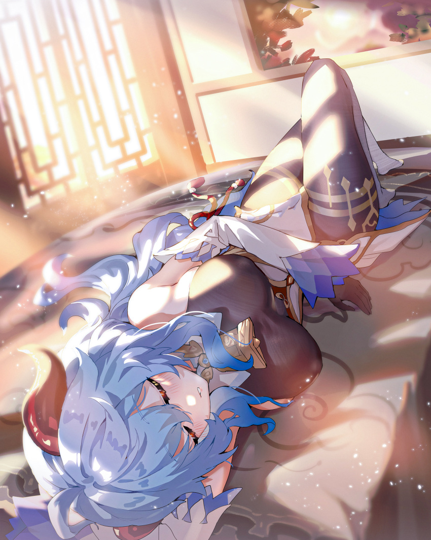 absurdres, bed, bell, blue_hair, breasts, bugie, closed_eyes, commission