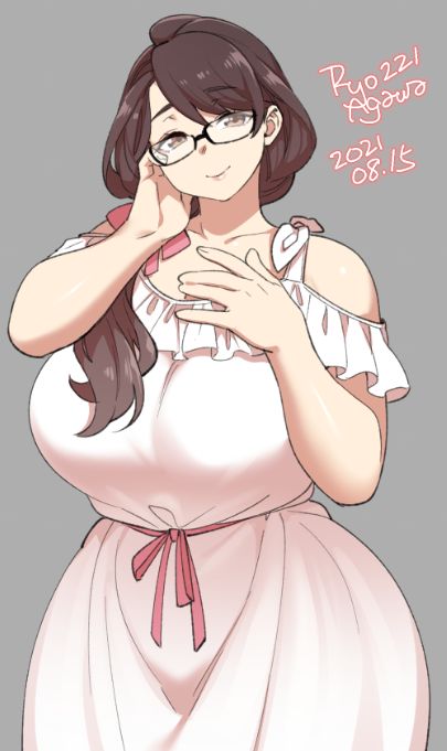 1girl, agawa_ryou, artist_name, bangs, bare_shoulders, breasts, brown_eyes, brown_hair, collarbone, commentary, cowboy_shot, dated, dress, english_commentary, eyebrows_visible_through_hair, frilled_dress, frills, glasses, grey_background, hair_between_eyes, hand_on_own_chest, hand_on_own_face, hands_up, huge_breasts, kirihara_jyazue, long_hair, numbered, original, pink_lips, red_ribbon, ribbon, simple_background, smile, solo, swept_bangs, w_arms, white_dress, wide_hips