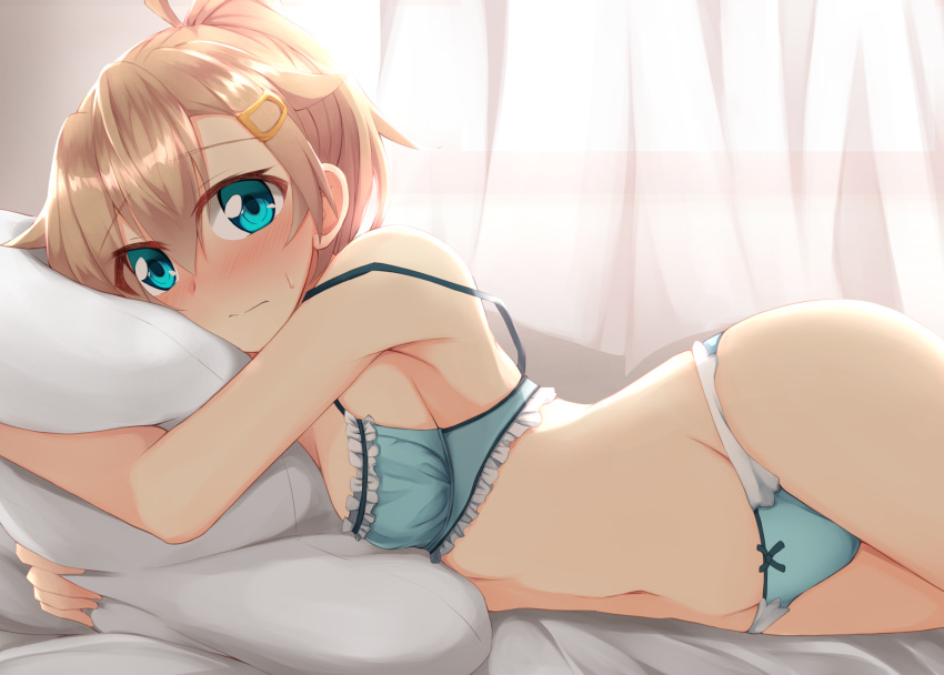 1girl, absurdres, aqua_bra, aqua_eyes, aqua_panties, backlighting, bangs, bed_sheet