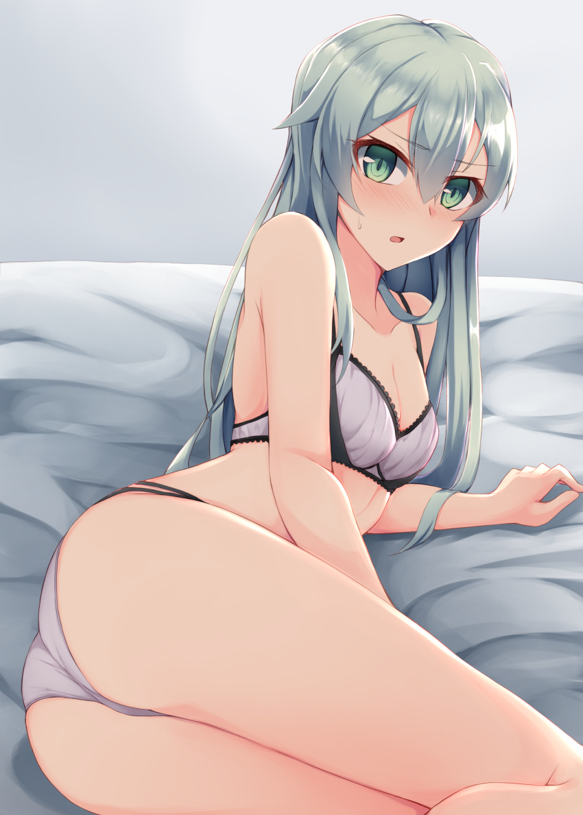 1girl, absurdres, ass, bangs, bed_sheet, blush, bra, breasts