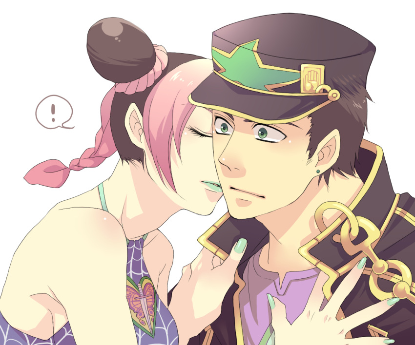 double_bun, father_and_daughter, green_lipstick, halter_top, halterneck, hanaichi_(hana13), heart, incipient_kiss