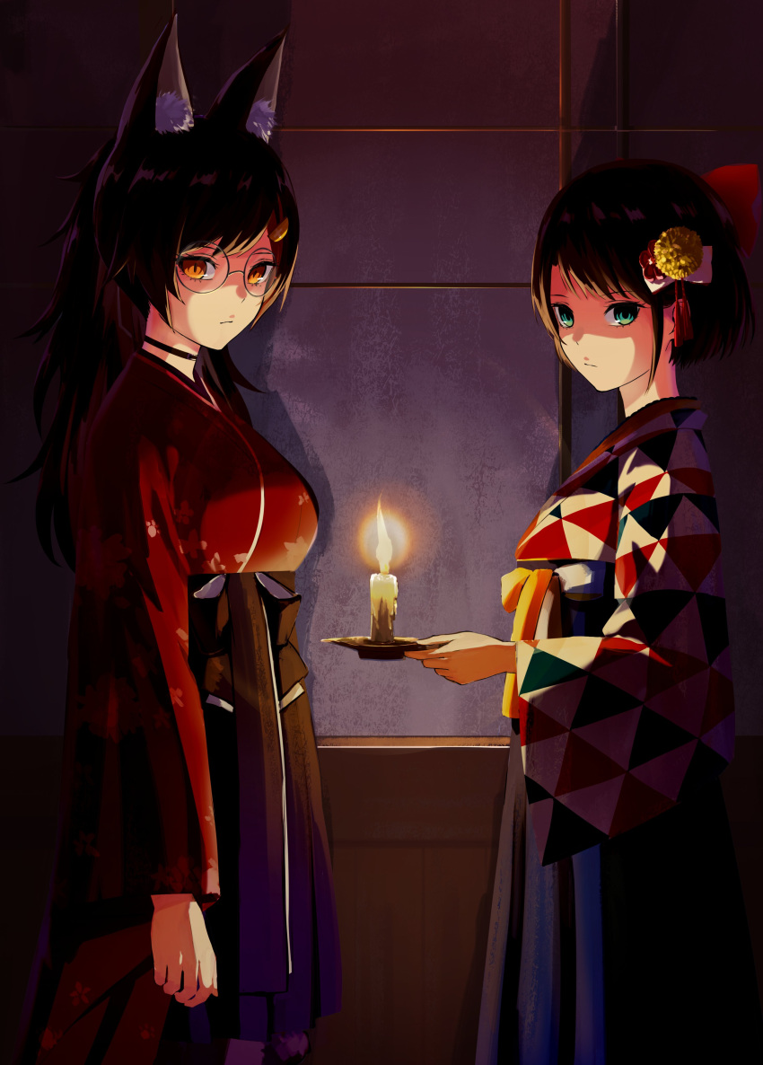 2girls, absurdres, animal_ears, black_hair, bow, breasts, candle, candlelight
