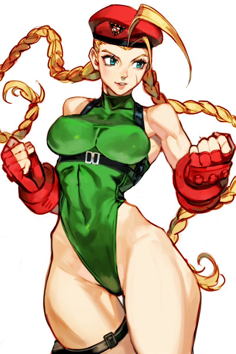 1girl, ahoge, beret, blonde_hair, braid, cammy_white, fingerless_gloves, gloves