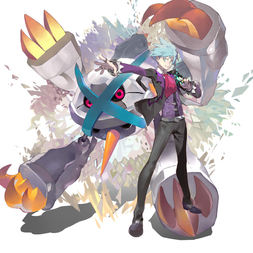 1boy, absurdres, alternate_color, bangs, blue_eyes, blue_hair, commentary, gen_3_pokemon