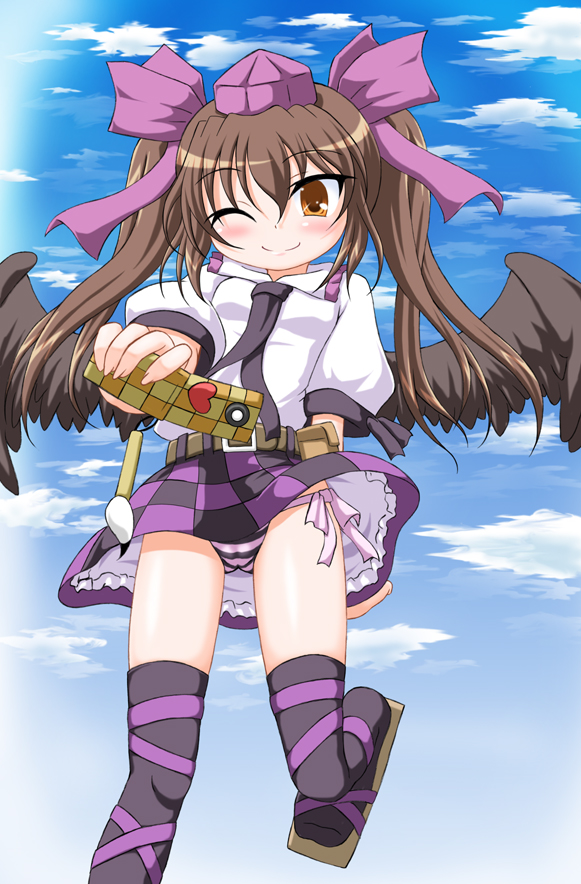 cellphone, checkered, himekaidou_hatate, panties, phone, shubesuta, touhou, twintails, wings, wink