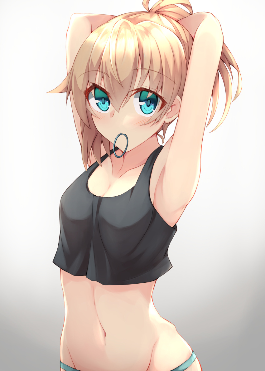 1girl, absurdres, alternate_hairstyle, aqua_eyes, armpits, arms_up, black_shirt, blonde_hair