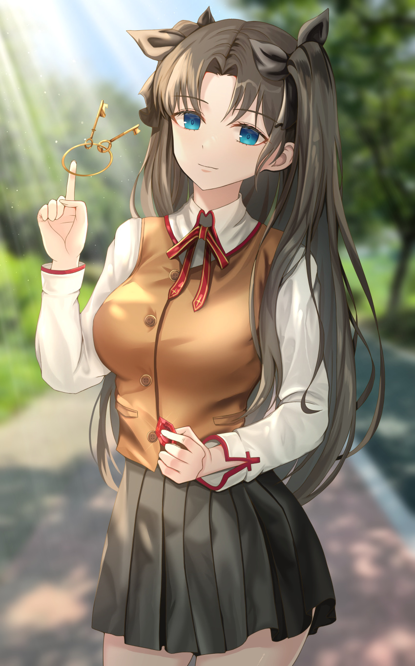 1girl, absurdres, bangs, beige_vest, black_hair, black_ribbon, blue_eyes, breasts