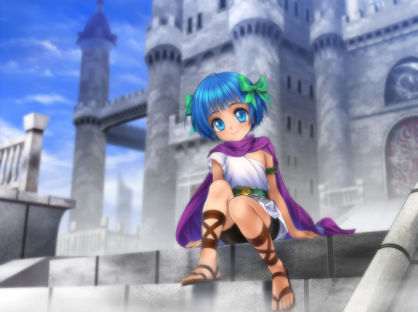 bike_shorts, blue_eyes, blue_hair, cape, child, cross-laced_footwear, dragon_quest, dragon_quest_v