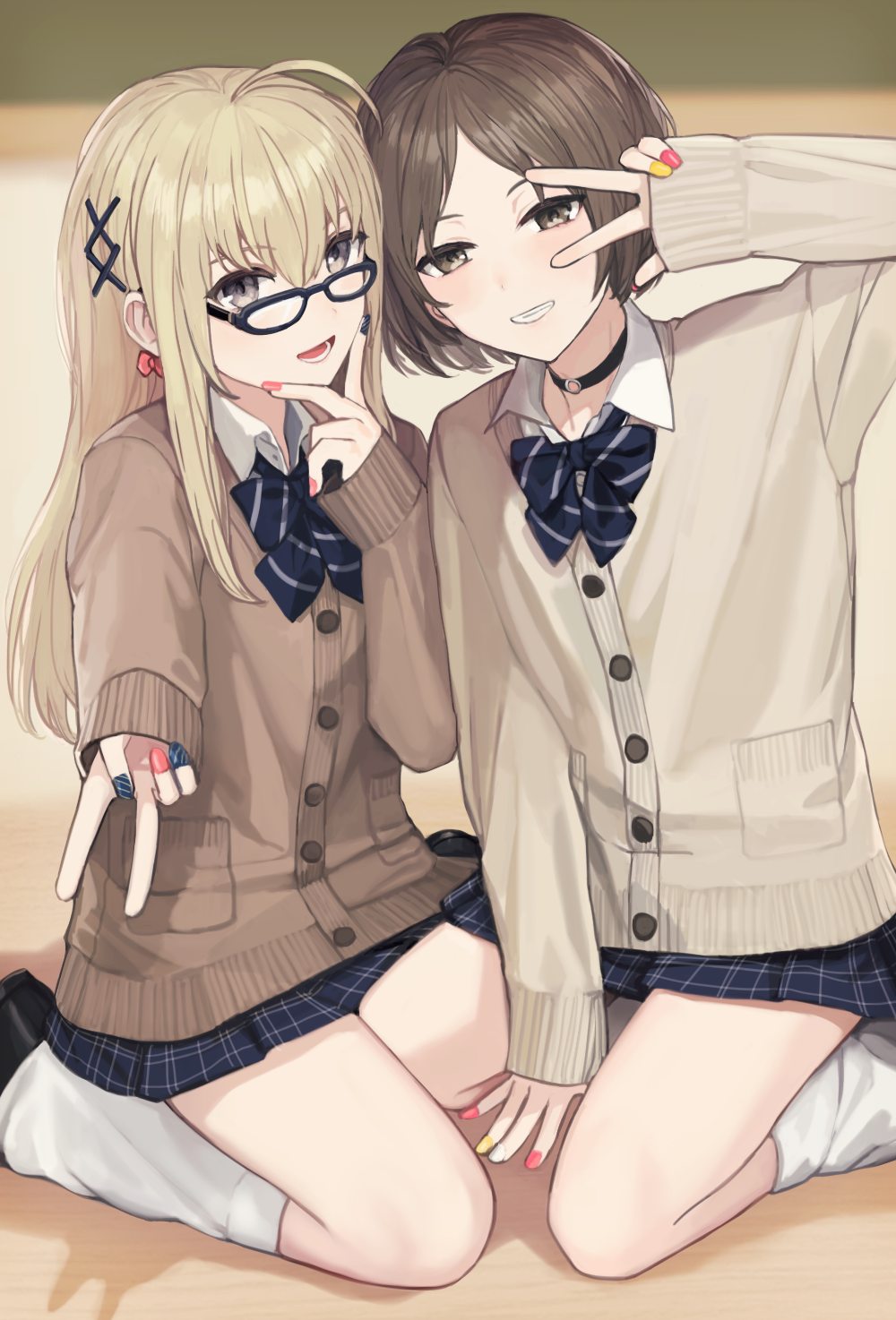 2boys, black_nails, blonde_hair, brown_hair, character_request, classroom, copyright_request, crossdressinging